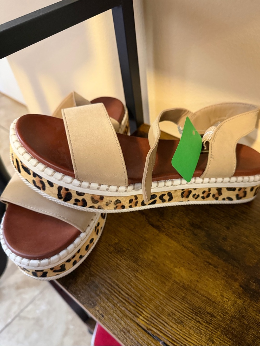 Beige Leopard-Trim Platform Sandals - Women